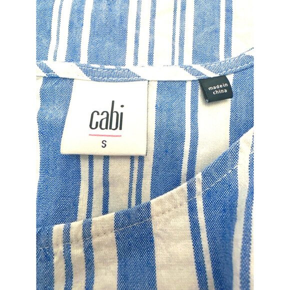 Cabi Striped Linen Blend Top S Blue & White Short Sleeve Keyhole Back - Picture 5 of 8